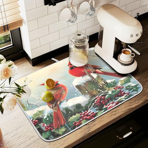 Winter Birds Snowflakes Berry Dish Drying Mat for Kitchen Counter Absorbent Microfiber Large Christmas Drying Pad Dish Mats for Kitchen Countertops 18 x 24 Inch (24" x 18")