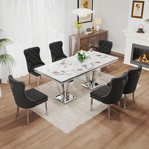 7 Piece Luxury Dining Room Set (Silver White + Black / Dining Table + 6 Velvet Chair)