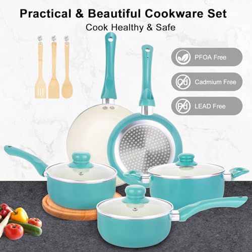 Pots and Pans Set Non Stick (Turquoise / 11 Piece)