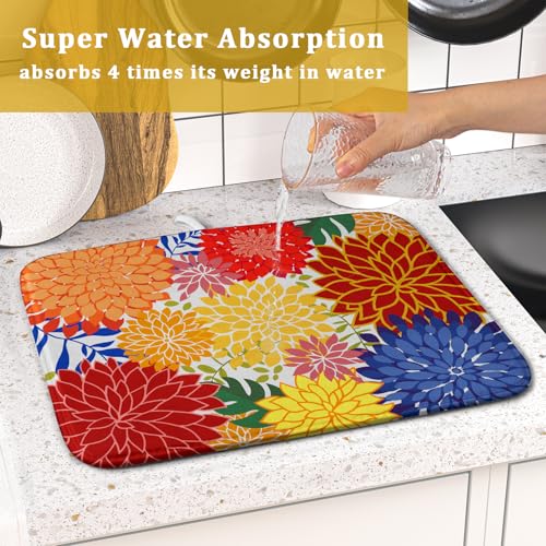 Modern Floral Dish Drying Mat 16x18 in Multicolored Tropical Drying Pad for Kitchen Counter (Modern Florals Colorful / 18" x 16")