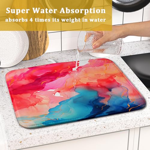 Ink Painting Dish Drying Mat Abstract Art Microfiber Drying Pads Kitchen Washable Dish Drainer Pad 16 x 18 Inch (Flowing Texture 0952 / 18" x 16")