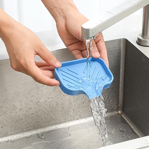 Silicone Soap Dish with Drain Spout (Lichen Blue / S(4.9"×3.2"))