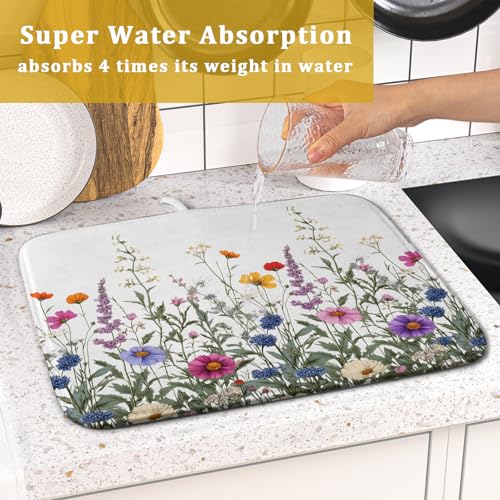 Flower Herbs Dish Drying Mat Botanical Plant Dishes Drainer Mat 16x18 inch Reversible Microfiber Drying Dish Pad for Kitchen Counter Decor (Flower Herbs Plant / 16" x 18")
