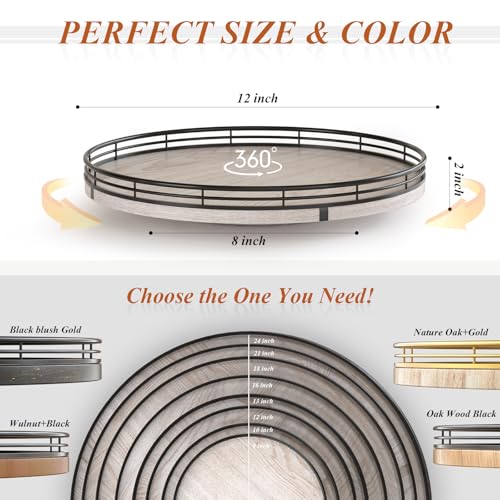 12 Inch Whitewashed Farmhouse Lazy Susan Tray with Black Metal Frame