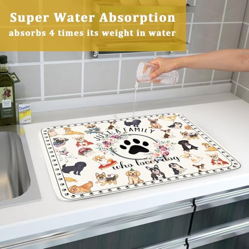 Dog Family Dish Drying Mat Cartoon Pet 18 X 24 in Absorbent Printed Drying Pad for Dog Lover (Dog Family White / 24" x 18")