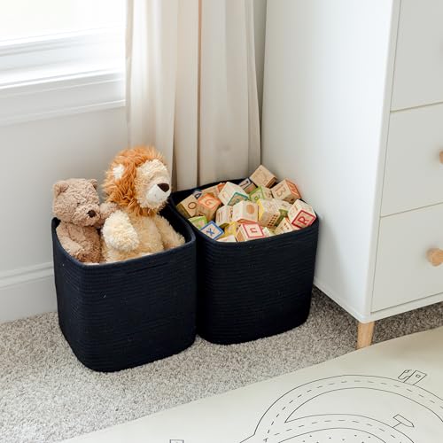 Storage Cubes 11 Inch Cotton Rope Woven Baskets for Organizing (Black)