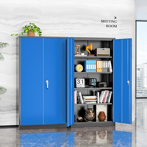 Metal Storage Cabinets 72” Black Blue Garage Steel Storage Cabinet with Doors and Shelves (Black Blue / 72")