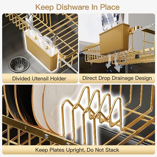 Gold Dish Drying Rack Over the Sink with Utensil Holder (Gold / For 12.5"-30"w Sink, Expandable)
