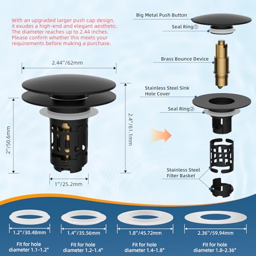 Upgraded 3 in 1 Bathroom Sink Drain Strainer (Matte Black)