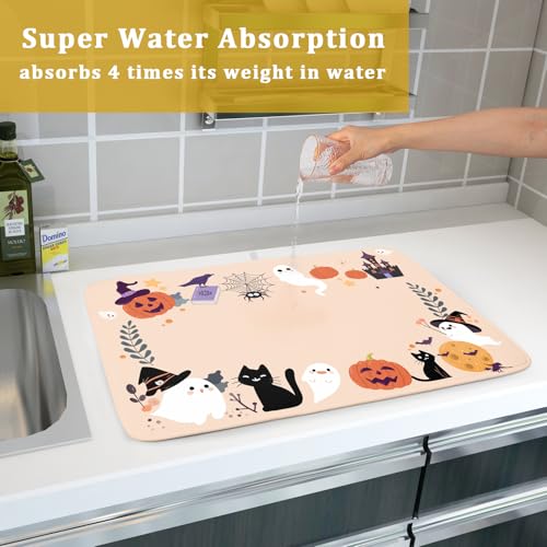 Fuuny Ghost Dish Drying Mats Holiday Decor Drying Pad Black Cat Drainer Rack Mats for Coffee Bar 18 X 24 Inch (Ghost 240820 / 24" x 18")