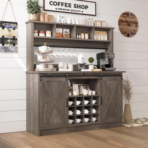 55” Farmhouse Coffee Bar with 4 Tier Storage Hutch (55.1Inch / Grey)