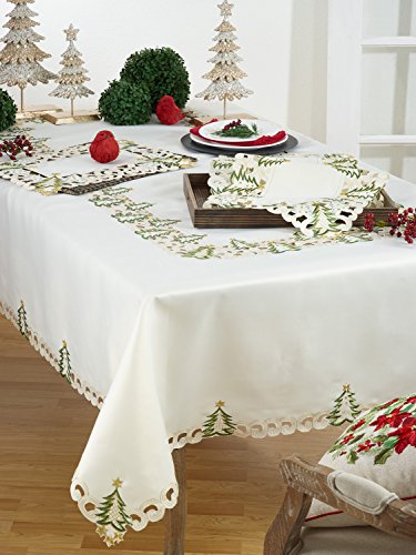 Pandoro Collection Holiday Embroidered Christmas Tree Cutwork Border 16 x 54 Inch Table Runner (Ivory / 16"x54" Table Runner)
