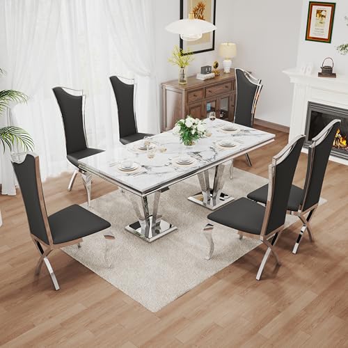 7 Piece Luxury Dining Room Set (Silver White + Black / Dining Table + 6 High Back Chairs)