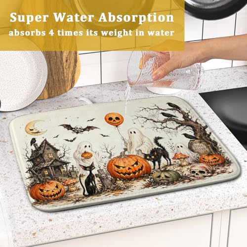 Halloween Pumpkin Ghost Dish Drying Mat Black Cat Microfiber Dishes Pad 16x18 Inch Holiday Dish Drainer Rack Mats for Kitchen Counter Sink (Pumpkin Ghost / 16x18 inch)