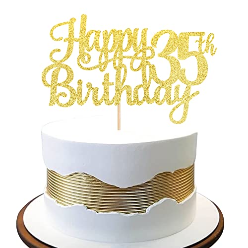 1 PCS Happy 35th Birthday Cake Topper Gold Glitter Cheers to 35 Years Birthday Cake Pick 35 Fabulous Cake Decoration for Happy 35th Birthday Theme Party Decorations Supplies (Gold / 35th)