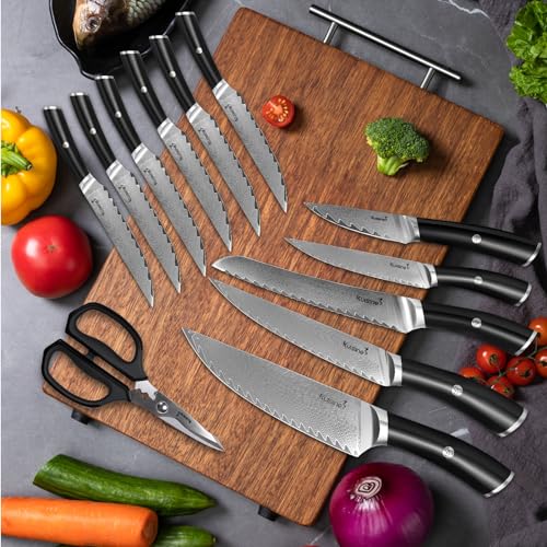 14 Piece Damascus Knife Set with Block