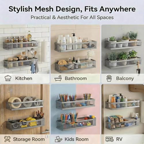5-in-1 16.5" Extra Long Slim Wall Mount Wrapped Mesh Kitchen Organizer & Shower Caddy Kit, with Paper Towel Holder, Utensil Holder, Soap Dish, Holds 50LBS - Silver Gray, Netting (Silver Grey / 5-in-1 Full Mesh (16.5" Extra Long))