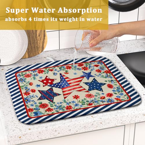 Patriotic Dish Drying Mat for Kitchen Counter Small(American Flag) (Patriotic Stars Blue / 18" x 16")
