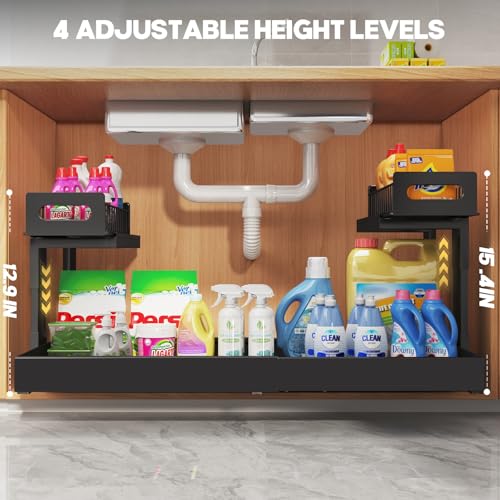 1 Pack-19"-32"W Expandable Under Sink Organizer With Upgrade Ball-Bearing Slide,2-Tier Pull Out Under Cabinet Organizer Height Adjustable,Not Suitable For Cabinets With Partitions In The Middle (1 Pack-19"-32"W / Black)