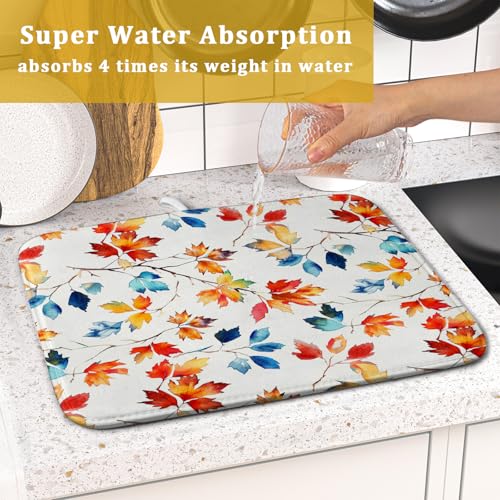 Autumn Leaf Dish Drying Mat Fall Colorful Leaves Absorbent Dish Drain Mats for Kitchen Counter (Autumn Leaf 606 / 18" x 16")