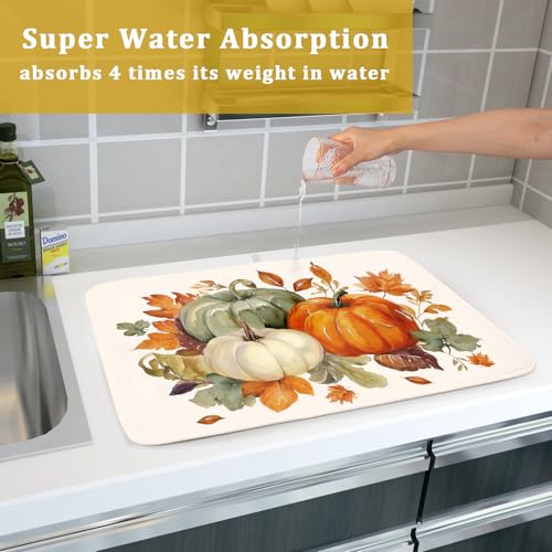 Fall Pumpkin Dish Drying Mat Autumn Leaves Absorbent Dishes Pad 18x24 Inch Seasonal Microfiber Dish Drainer Rack Mat for Kitchen Countertop (Fall Pumpkin / 18x24 inch)