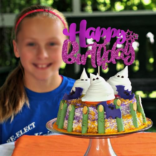 1Pcs Happy Birthday Cake Topper Glitter Happy Birthday Cake Pick Decorations for Celebrating Baby Shower Theme Kids Boys Girls Anniversary Party Decorations Supplies Purple (Style 2 / Purple)