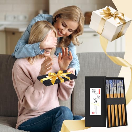 5 Pairs Bamboo Chopsticks Reusable Chopstick Exquisite Japanese Style Chop Sticks with Black Box for Sushi (Natural Bamboo - Auspicious Cloud Prints)