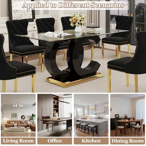 7 Piece Glass Dining Table Set for 6 (Black Table & Gold Black Chair / 7-Piece Set-OC-Shaped Table)