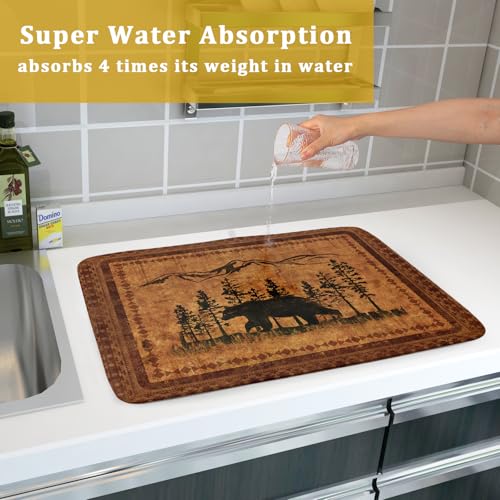 Forest Bear Dish Drying Mat 18x24 Inch Rustic Cabin Washable Microfiber Absorbent Dishes Drainer Rack Pad for Kitchen Counter Home Decor (Retro Forest Bear / 18" x 24")