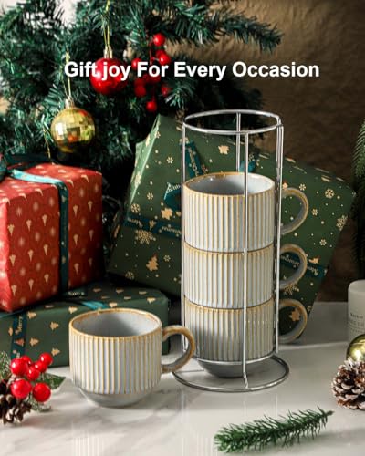 Coffee Mug Ceramic Set of 4 with Stand (Lavender Gray / 15 Ounces)