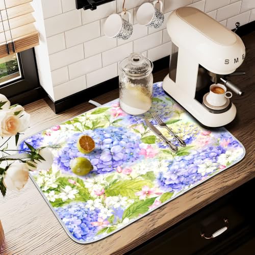 Floral Hydrangea Garden Dish Drying Mat for Kitchen Counter Absorbent Microfiber Small Drying Pad Dish mats for Kitchen Countertops 16 x 18 Inch (Spring Summer Flowers / 18" x 16")