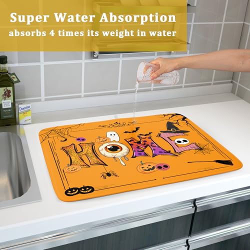 Orange Halloween Dish Drying Mat for Kitchen Counter Home Decor Pad (Funny Home Orange / 24" x 18")
