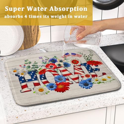 American Flag Dish Drying Mat Home Flowers Absorbent Dishes Pad for Kitchen Counter 16 X 18 In (Patriotic Home 605 / 18" x 16")