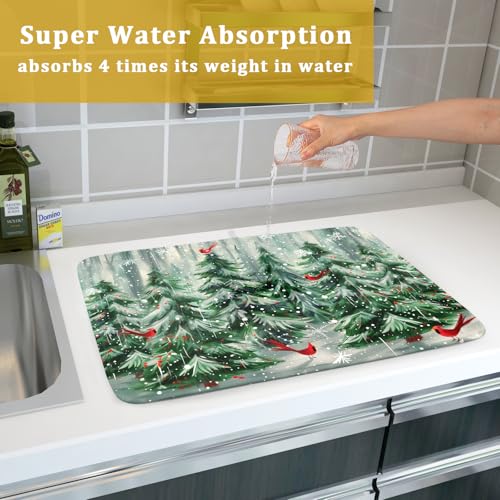 Winter Pine Tree Dish Drying Mat Red Bird Berry Dishes Drainer Mats Absorbent Microfiber Kitchen Counter Protector Drying Mats 18x24 Inch (Winter Pine Tree / 18" x 24")