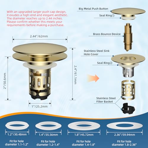 2 Pack Upgraded 3 in 1 Bathroom Sink Drain Strainer (Brushed Gold)