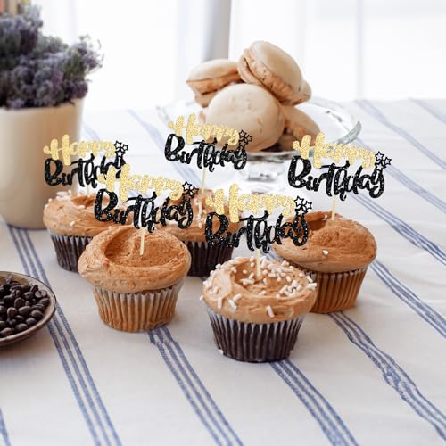 24Pcs Happy Birthday Cupcake Toppers Double Layer Glitter Happy Birthday Cake Decorations for Celebrating Baby Shower Theme Kids Boys Girls Birthday Party Cake Decorations Supplies Black Gold (24 Count)