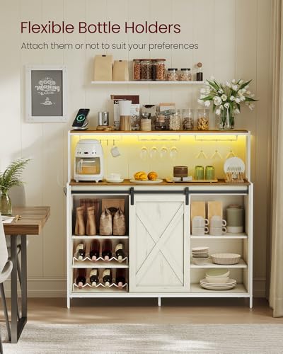 Coffee Bar Buffet Cabinet with LED Light and Power Outlet (With Power Outlet and Light / 14.2"D x 47.2"W x 44.9"H / Rustic White + Honey Brown)