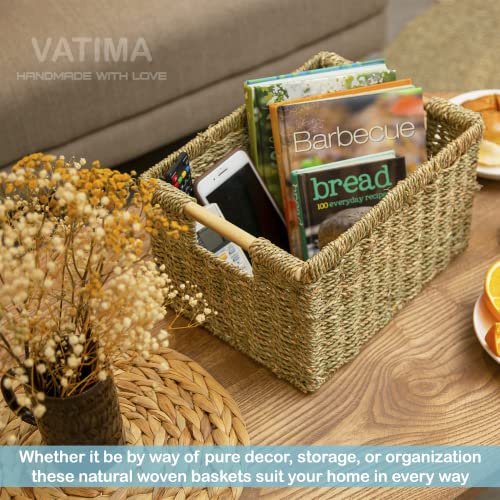 Large Wicker Basket Rectangular with Wooden Handles for Shelves (Seagrass / 3-Pack Large (14.5"L x 10.3"W x 7.5"H))