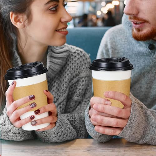 50 Pack 10 oz Disposable Coffee Cups With Lids and Sleeves (White / 10oz-50Pack)