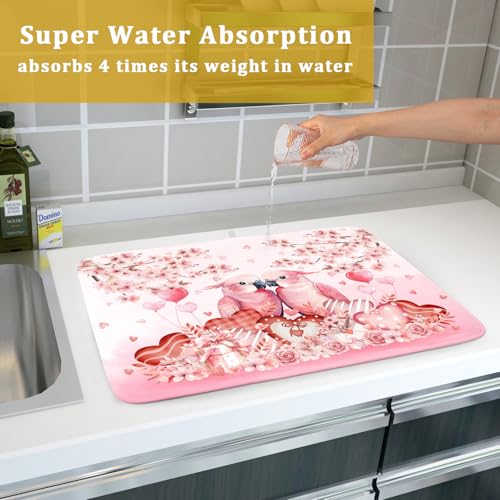 Red Bird Dish Drying Mat Large Absorbent Microfiber Dish Drying Pad for Lover Holiday Decor (Pink Love Bird / 24" x 18")