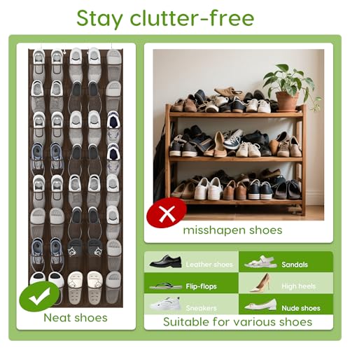 Over the Door Shoe Organizer with 40 Large Breathable Mesh Pockets (Brown / 40 Pockets)