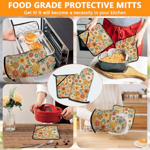 Boho Floral Oven Mitts and Colorful Flowers Pot Holders Sets 4Pcs (Boho Floral)