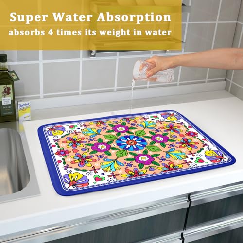 Mexican Talavera Dish Drying Mat Navy Blue Large Microfiber Dish Drain Pad for Kitchen Decor 18 x 24 In (Mexican Talavera Blue / 24" x 18")