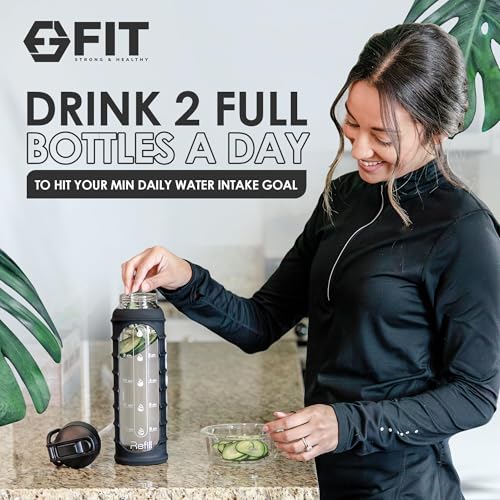 32 oz Glass Water Bottle with Time Marker (Ribbed Black Sleeve)