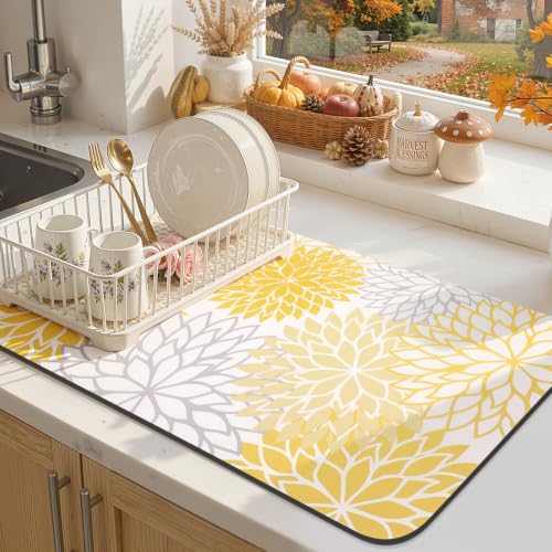 Fall Dish Drying Mat 12" x 20" Absorbent Floral Coffee Mat Yellow (Yellow / 12" x 20")