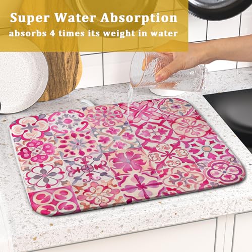 Pink Mexican Tiles Dish Drying Mat Absorbent Microfiber Dish Drying Pad for Kitchen Multi (Mexican Tiles Pink / 18" x 16")