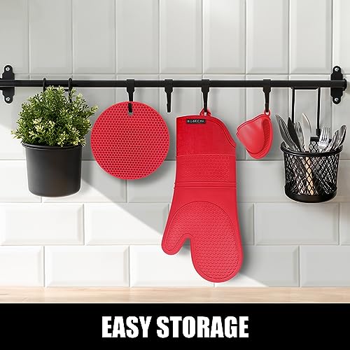 Silicone Oven Mitts and Pot Holders Sets (Red)