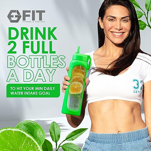 32 oz Glass Water Bottle with Straw Lid (Lime Sleeve)