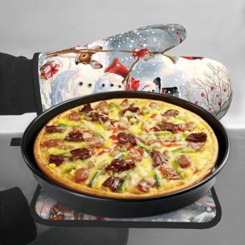 Winter Snowman Oven Mitts and Pot Holder Set of 2 Red Bird Berry Decorative Oven Gloves Heat Resistant Kitchen Hot Pads for Baking Cooking (Winter Snowman Deer)