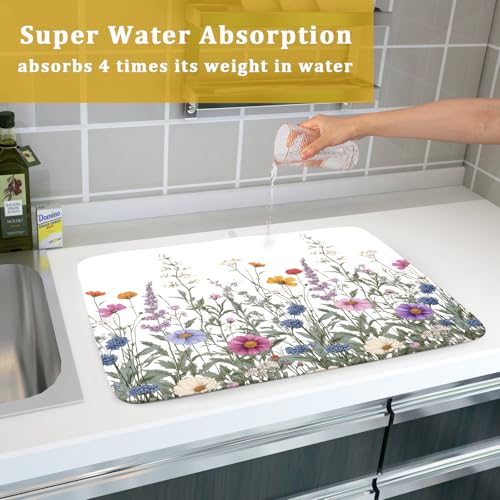 Flower Herbs Dish Drying Mat Botanical Plant Dishes Drainer Mat 18x24 inch Reversible Microfiber Drying Dish Pad for Kitchen Counter Decor (Flower Herbs Plant / 18" x 24")